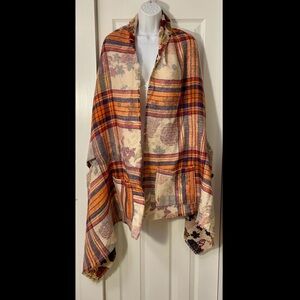 Reversible Shawl Wrap Plaid Floral Fall Colors One Sz Pockets